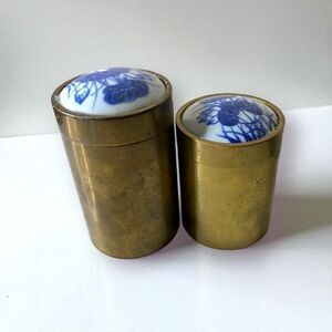 Vintage Set Round Brass Snuff Tobacco Containers Blue & White Porcelian Lid